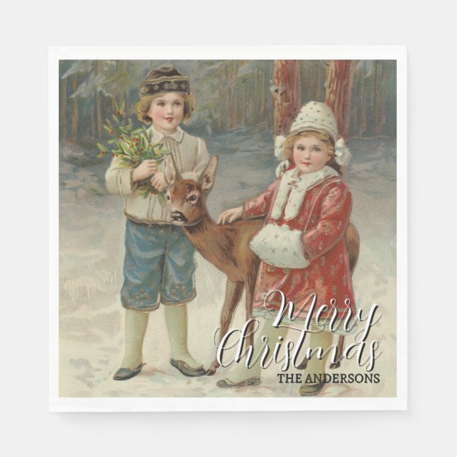 Elegant frohe Weihnachts-Winterkinder Serviette (Vorderseite)