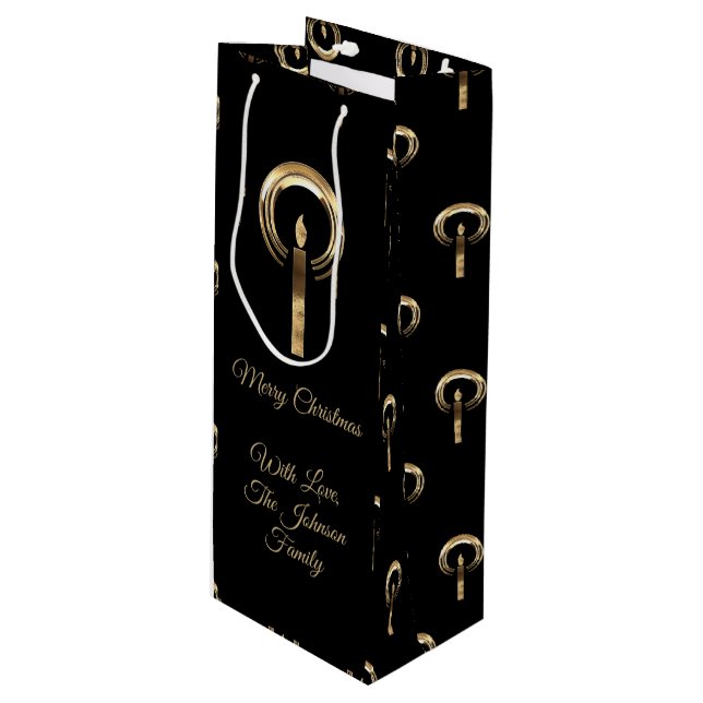 Elegant frohe Weihnachtskerze Schwarz und Gold Loo Geschenktüte Für Weinflaschen (Vorderseite Schrägansicht)