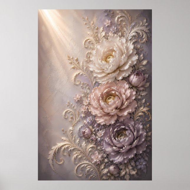 Elegant Frost Bloom Florales Design | Luxus-Prägun Poster (Vorne)