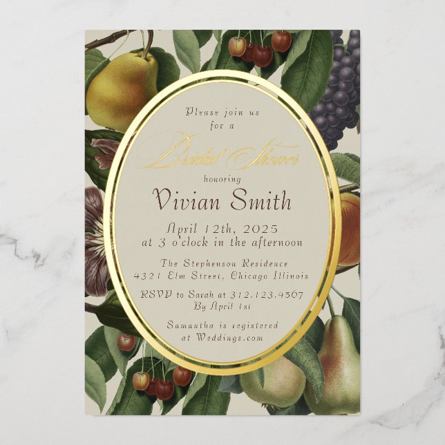Elegant Fruit & Botanical Bridal Shower Invitation Folieneinladung (Vorderseite)