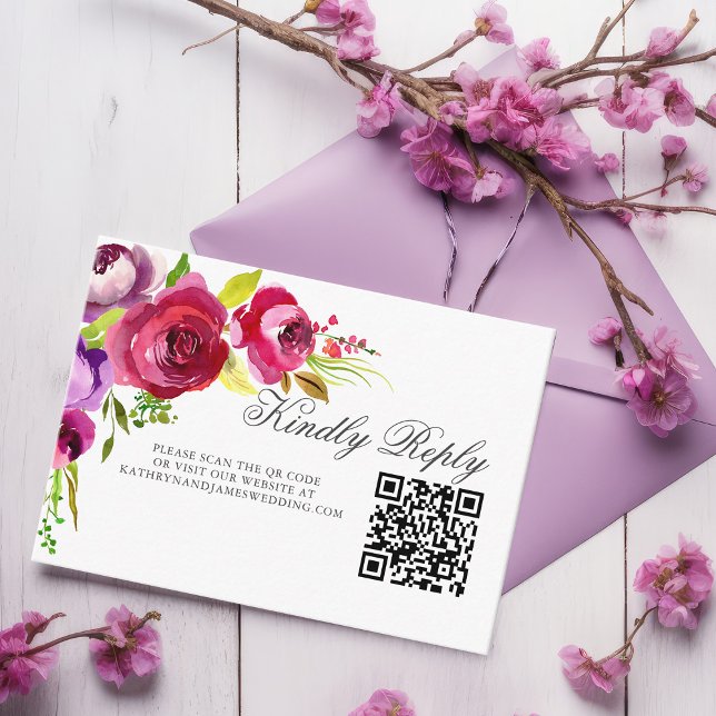 Elegant Fuchsia Pink Floral QR Code Wedding RSVP Begleitkarte (Von Creator hochgeladen)
