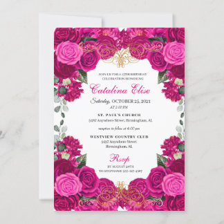 Elegant Fuchsia Pink Floral Quinceanera Geburtstag Einladung