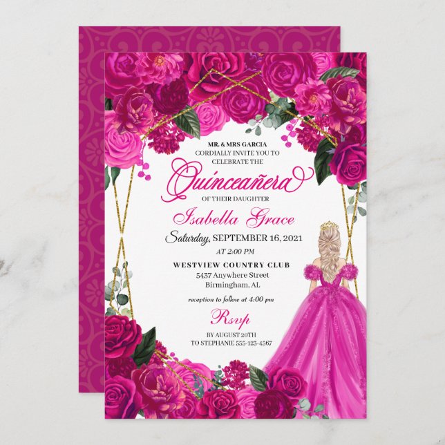 Elegant Fuchsia Pink Floral Quinceanera Geburtstag Einladung (Vorne/Hinten)