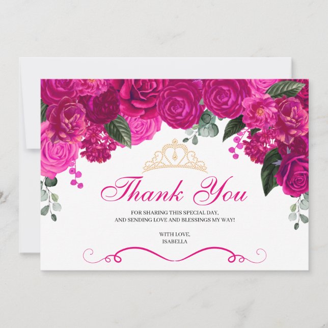 Elegant Fuchsia Pink Gold Floral Quinceanera als Dankeskarte (Vorderseite)