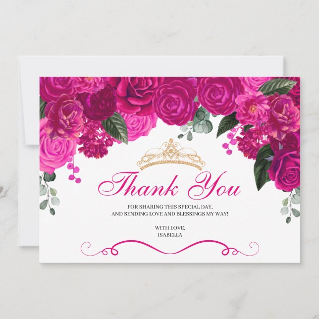 Elegant Fuchsia Pink Gold Floral Quinceanera Dankeskarte (Vorderseite)