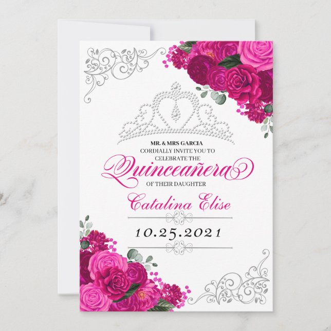 Elegant Fuchsia Pink Silver Floral Quinceanera Einladung (Vorderseite)