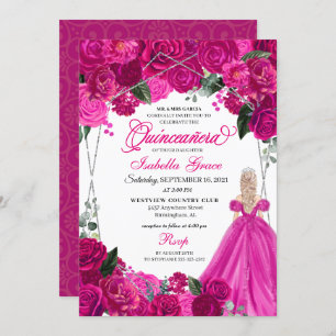 Elegant Fuchsia Pink Silver Floral Quinceanera Inv Einladung