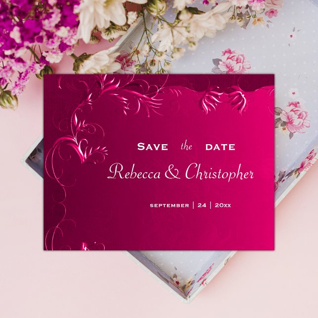 Elegant Fuchsia Pink Wedding Save the Date Ankündigungspostkarte (Von Creator hochgeladen)