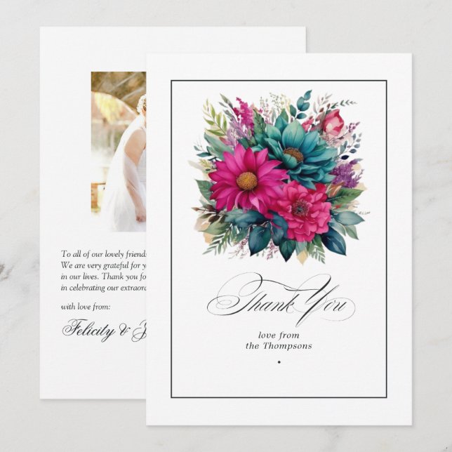 Elegant Fuchsia und Emerald Green Wedding Dankeskarte (Vorne/Hinten)