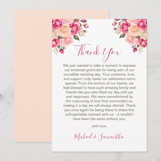 Elegant Fucia Pink und Elfenbeinküste Rose Hochzei Dankeskarte (Vorne/Hinten)