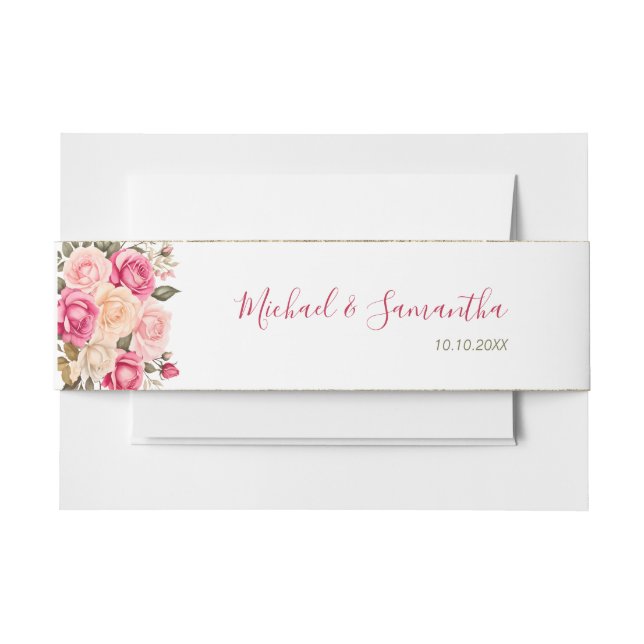 Elegant Fucia Pink und Elfenbeinküste Rose Hochzei Einladungsbanderole (Vorderseite Beispiel)