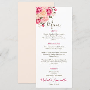 Elegant Fucia Pink und Elfenbeinküste Rose Hochzei Menükarte