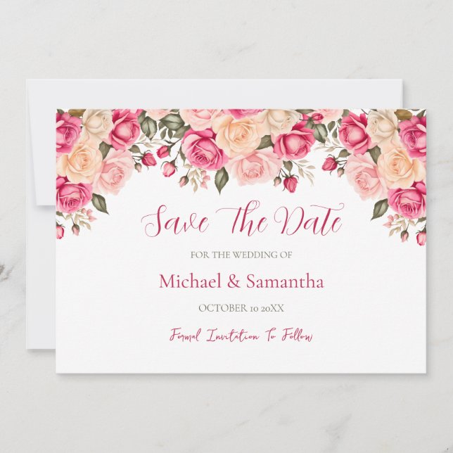 Elegant Fucia Pink und Elfenbeinküste Rose Hochzei Save The Date (Vorderseite)