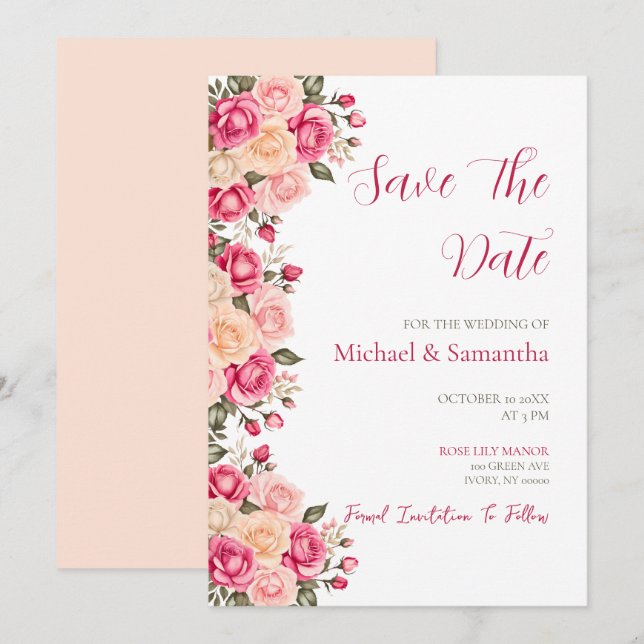 Elegant Fucia Pink und Elfenbeinküste Rose Hochzei Save The Date (Vorne/Hinten)