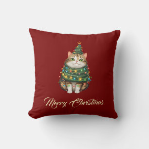 Elegant Funny Cat Weihnachtsbaum Red Green Kissen