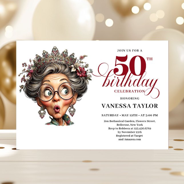Elegant Funny Lady 50th Birthday Humor Party  Einladung (Elegant Funny Lady 50th Birthday Humor Party Invitation

)