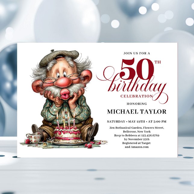 Elegant Funny Man 50th Birthday Humor Cartoon  Einladung (funny man 50th birthday, 
trendy colors burgundy red, 
party invitation,
whimsical humor,
quirky, 
p)