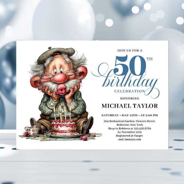 Elegant Funny Man 50th Birthday Humor Cartoon  Einladung (Funny Bold Man Turning 50 Quirky Birthday Invite)
