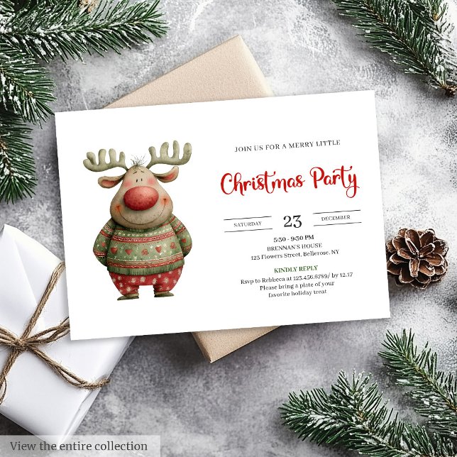 Elegant Funny Reindeer red green holiday card Einladung (Elegant Funny Reindeer red green holiday card)