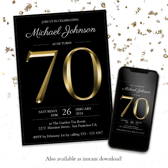 Elegant für ihn Gold Black 70. Geburtstag Einladung (Black 70th Birthday Solid Gold Text Modern Classy Invitation)