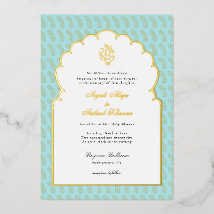 Elegant Ganesh Indische Hochzeit Aqua und Gold Folieneinladung