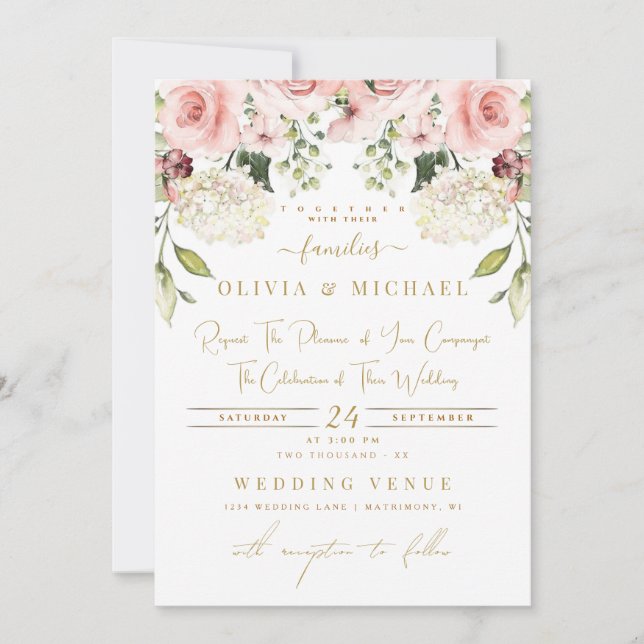 ELEGANT GARDEN FLORALS BLUSH ROSE GREENERY WEDD EINLADUNG (Vorderseite)