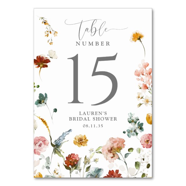 Elegant Garden Flowers Bridal Shower Table Number Tischnummer (Vorderseite)
