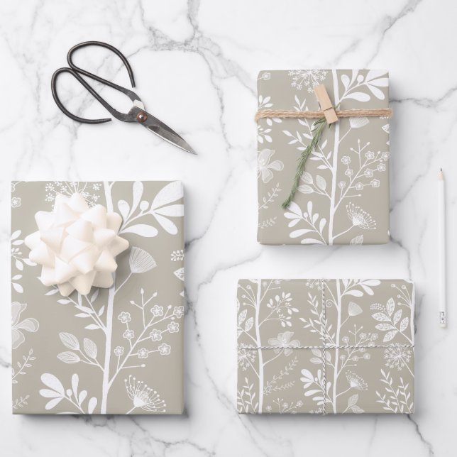 Elegant Garden Reverie Neutral Botanical Geschenkpapier Set (Vorderseite)