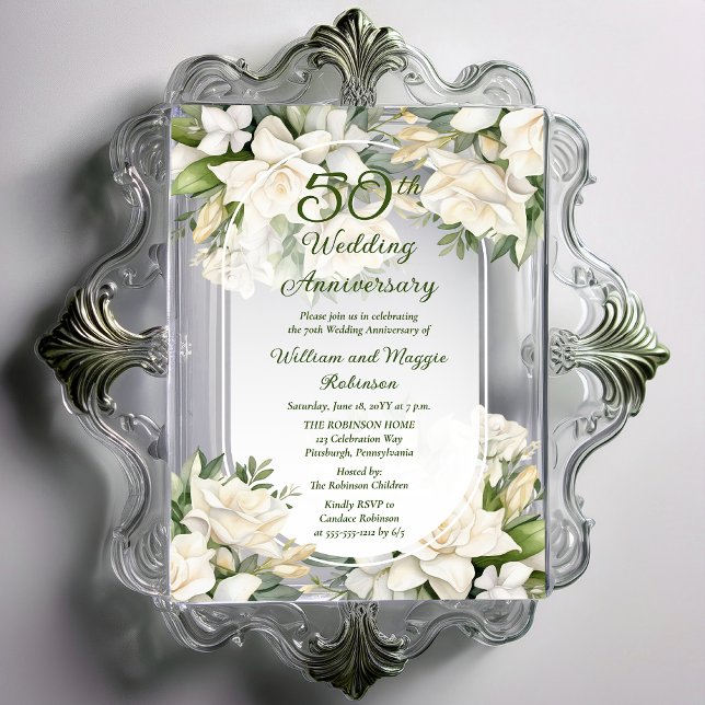 Elegant Gardenia Floral 50. Hochzeitstag Acryleinladungen (Elegant Gardenia Floral 50th Wedding Anniversary Acrylic Invitations)