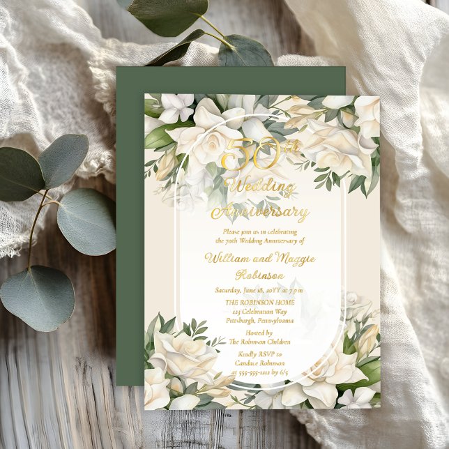 Elegant Gardenia Floral 50. Hochzeitstag Folieneinladung (Elegant Gardenia Floral 50th Wedding Anniversary Gold Foil Invitation)