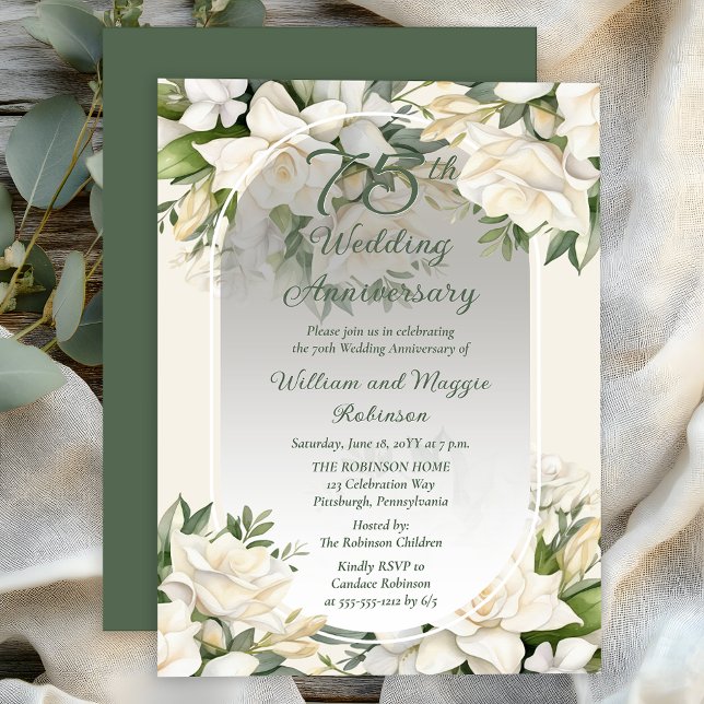 Elegant Gardenia Floral 75th Wedding Anniversary Einladung (Elegant Gardenia Floral 75th Wedding Anniversary Invitation - Print | Digital Download)