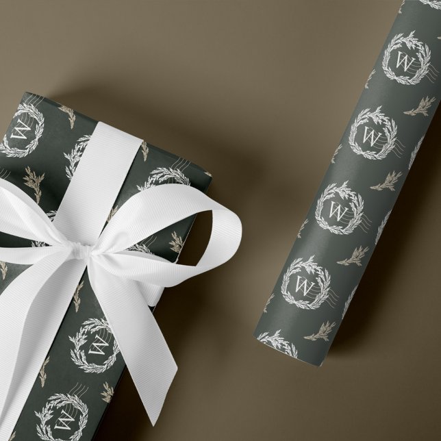 Elegant Garland Wreath Crest Postage Monogram Geschenkpapier (Elegant Garland Wreath Crest Postage Monogram Wrapping Paper)