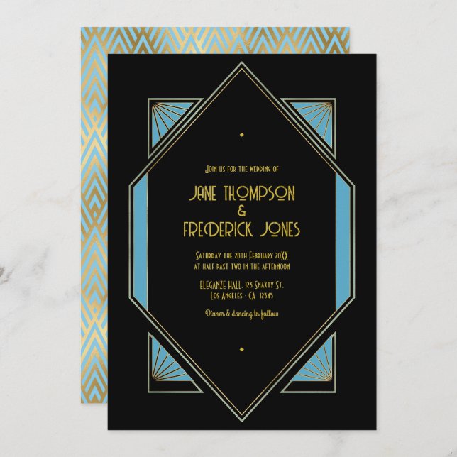 Elegant Gatsby Art Deco Blue & Gold Wedding Photo Einladung (Vorne/Hinten)