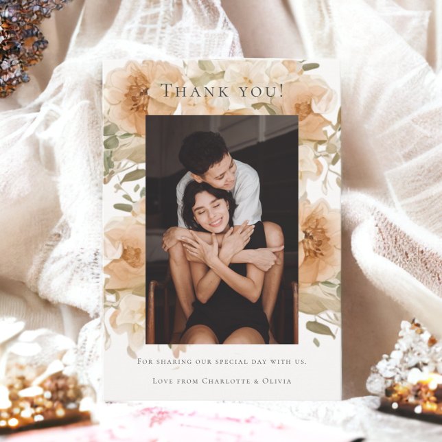 Elegant Gay Floral Wedding Two Brides Dankeskarte (Elegant Gay Floral Wedding Two Brides Thank You Card from Ricaso. Muted green & peach tones)