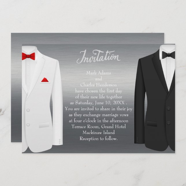 Elegant Gay Wedding Einladung Silver Tuxedos (Vorne/Hinten)