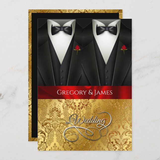 Elegant Gay Wedding Tuxedo Rote Rose Einladung (Vorne/Hinten)