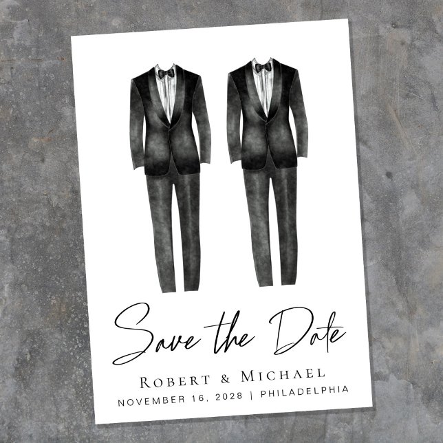 Elegant Gay Wedding Tuxedo Wasserfarbe Save The Date (An elegant Save the Date announcement to set the tone for an unforgettable event)