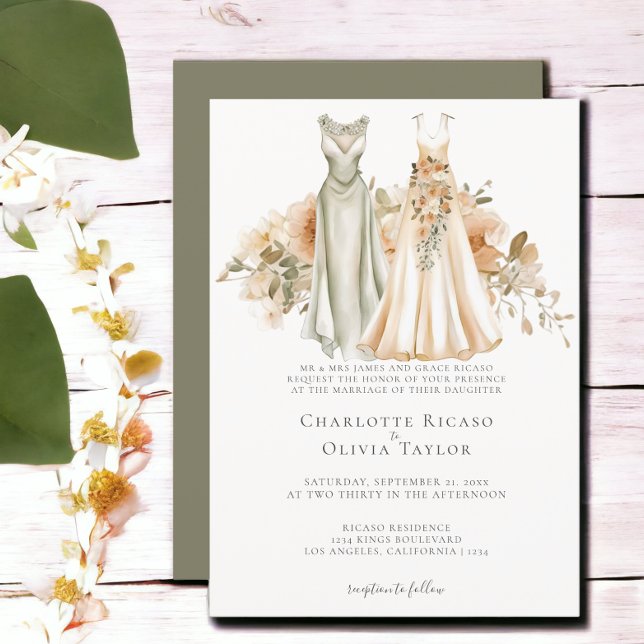 Elegant Gay Wedding Two Brils in Dress Einladung (Elegant Gay Wedding Two Brides in Dresses Invitation from Ricaso. Features two stunning dresses)