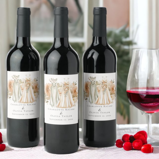 Elegant Gay Wedding Two Brils in Dress Weinetikett (Elegant Gay Wedding Two Brides in Dresses Wine Labels from Ricaso. Easy to personalize with own text)