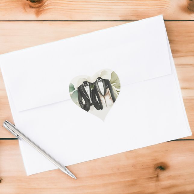 Elegant Gay Wedding Two Grooms in Anzügen Herz-Aufkleber (Elegant Gay Wedding Two Grooms in Suits Stickers from Ricaso)