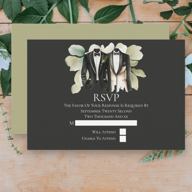 Elegant Gay Wedding Two Grooms in Anzügen RSVP Karte (Elegant Gay Wedding Two Grooms in Suits RSVP Cards from Ricaso)