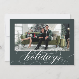 Elegant Geblüht Script DkGreen Holiday Foto Card Feiertagskarte