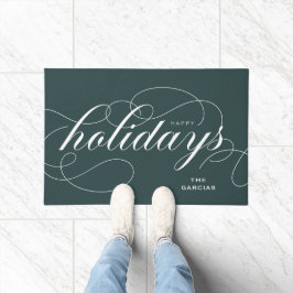 Elegant Geblüht Script Happy Holidays Green Fußmatte