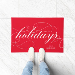 Elegant Geblüht Script Happy Holidays Red Fußmatte