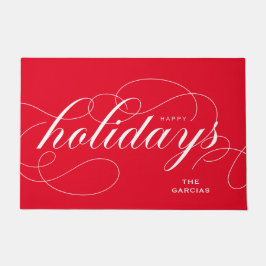 Elegant Geblüht Script Happy Holidays Red Fußmatte
