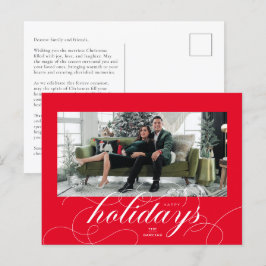 Elegant Geblüht Script Red Holiday Foto Card Feiertagspostkarte