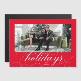 Elegant Geblüht Script Red Holiday Foto Card Magneteinladung