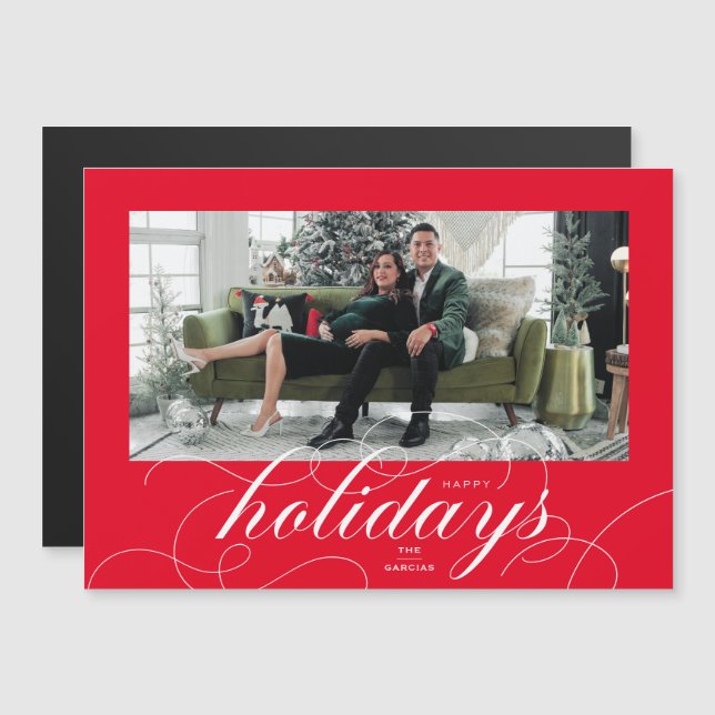 Elegant Geblüht Script Red Holiday Foto Card Magneteinladung (Vorne/Hinten)