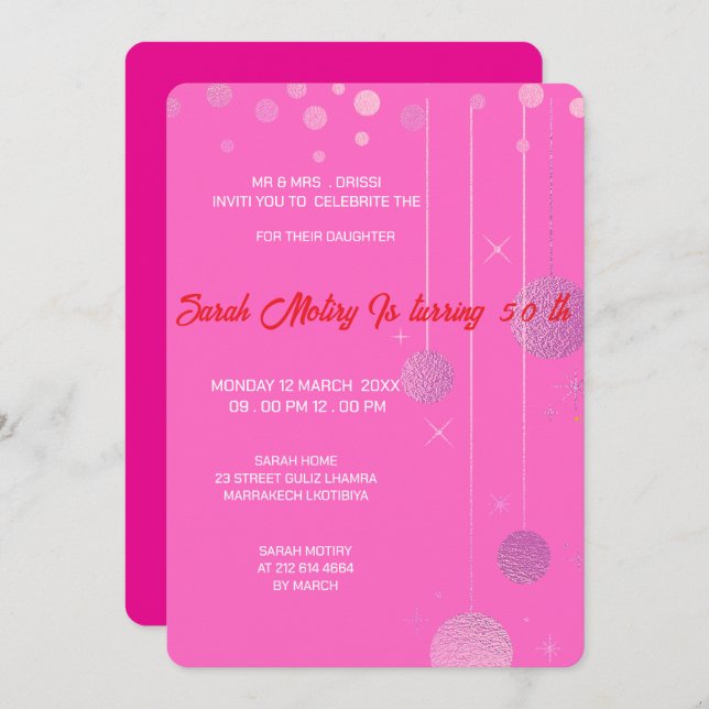 Elegant Geburtstag Editable Einladung Rosa Geburts (Vorne/Hinten)