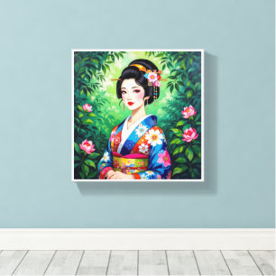 Elegant Geisha Wall - Blumenstrauch von Kimono Leinwanddruck
